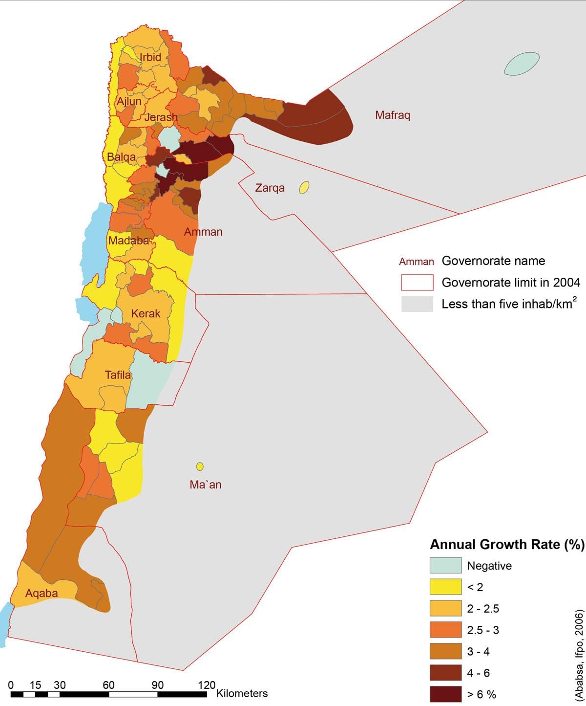 mapa de população da Jordânia